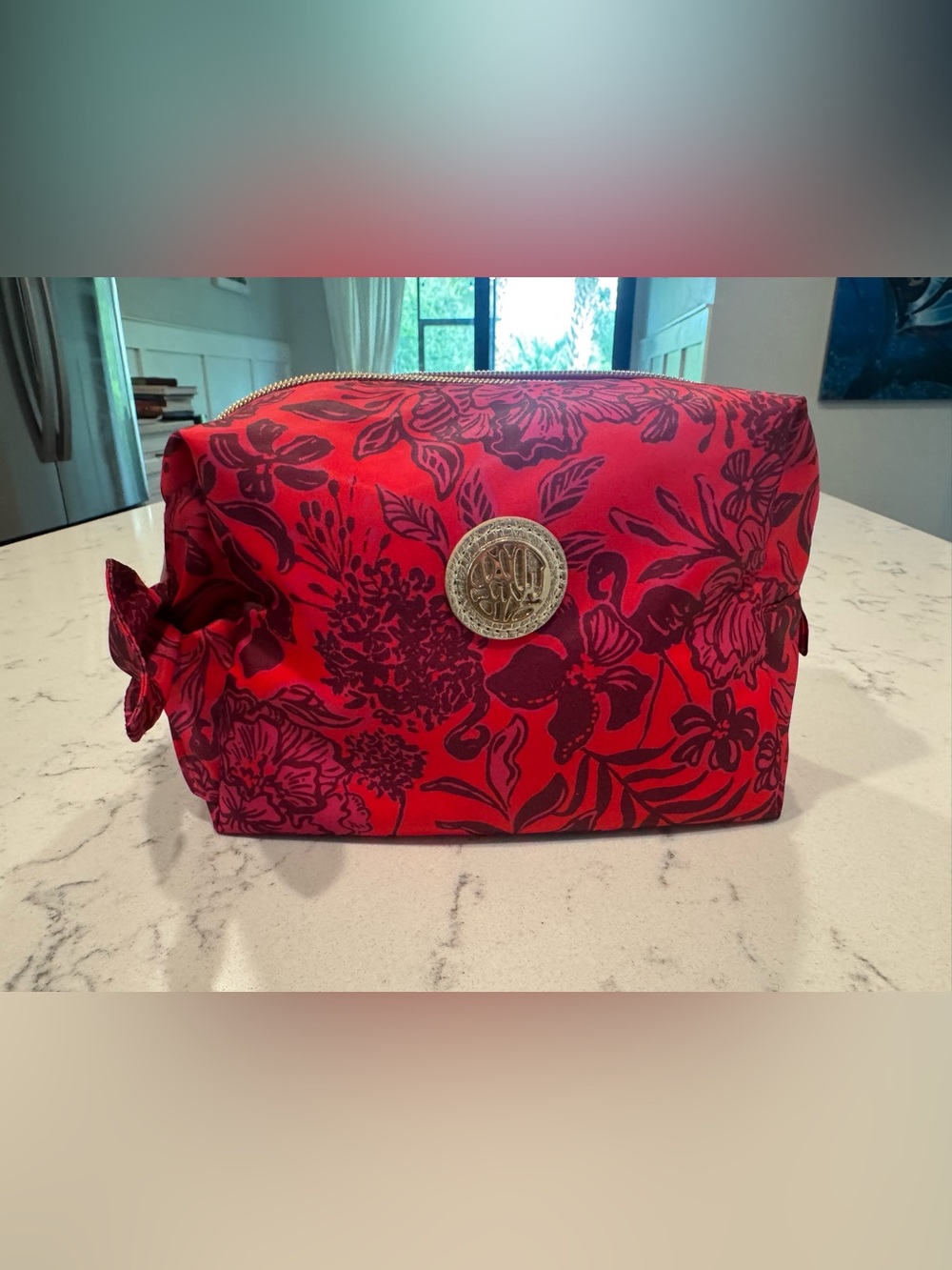 Lilly Pulitzer Red Floral Cosmetic/Toiletry Bag - gold hardware w/ bow detail